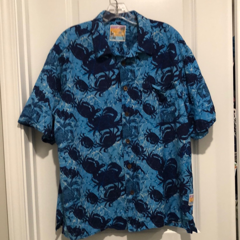 Jimmy Buffet Margaritaville 100% Silk Hawaiian style Shirt Sz L Blue Crab print
